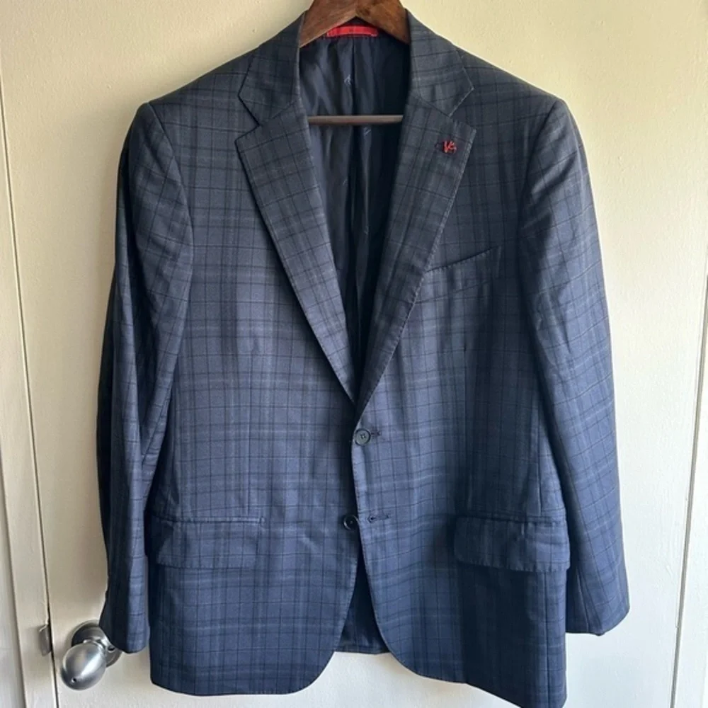 ISAIA Navy Fully Canvassed Checkered Blazer